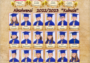 Dzieci biretach na zdjęciu z zakończenia przedszkola.