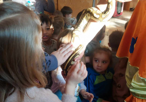 Dzieci dotykają węża.