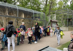 Dzieci podziwiają kolejne ptasie okazy zoo.