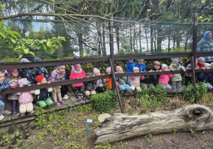 Dzieci oglądają figurę owada na ścieżce edukacyjnej.