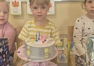 Dzieci świętują 5 urodziny kolegi i koleżanki.