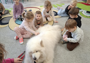 Dzieci czeszą psa.