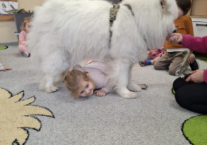 Dzieci przechodzą pod psem.