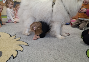 Dzieci przechodzą pod psem.