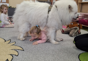 Dzieci przechodzą pod psem.