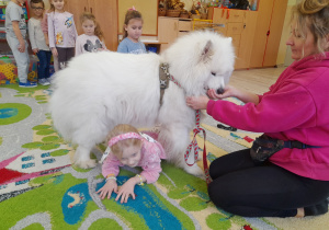 Dziecko przechodzi pod psem.