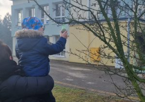 Dzieci zawieszają kule z pokarmem dla ptakow.