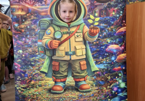 Dziecko w fotobudce kosmonauty.