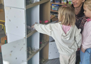 Dzieci przeliczają jajka w kurniku.