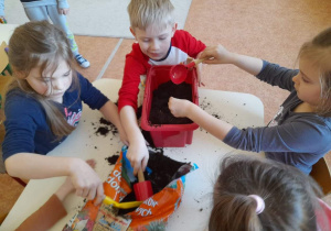 Dzieci sadzą cebulę i kwiatki.